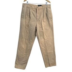 Eddie Bauer Mens Flannel Lined Chino Pants 38x34 Tall Khaki Pleated Cotton Twill